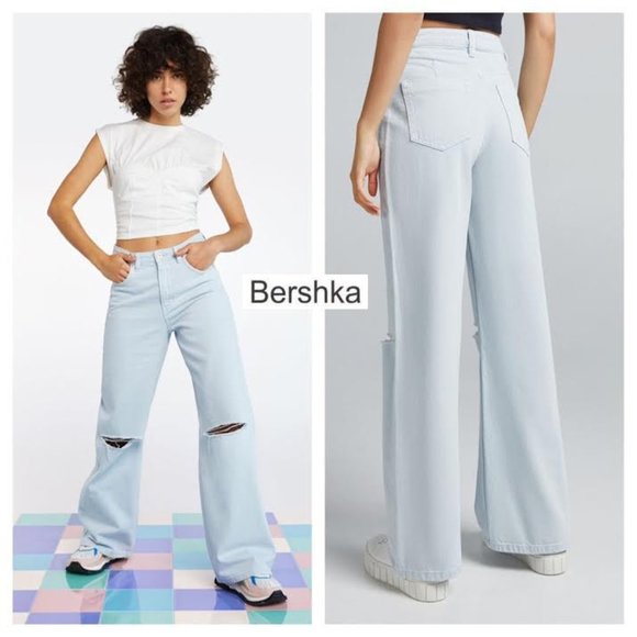 NWT BERSHKA Women Wide Leg Light Blue Jeans w Rips Waist 24" - Picture 2 of 12